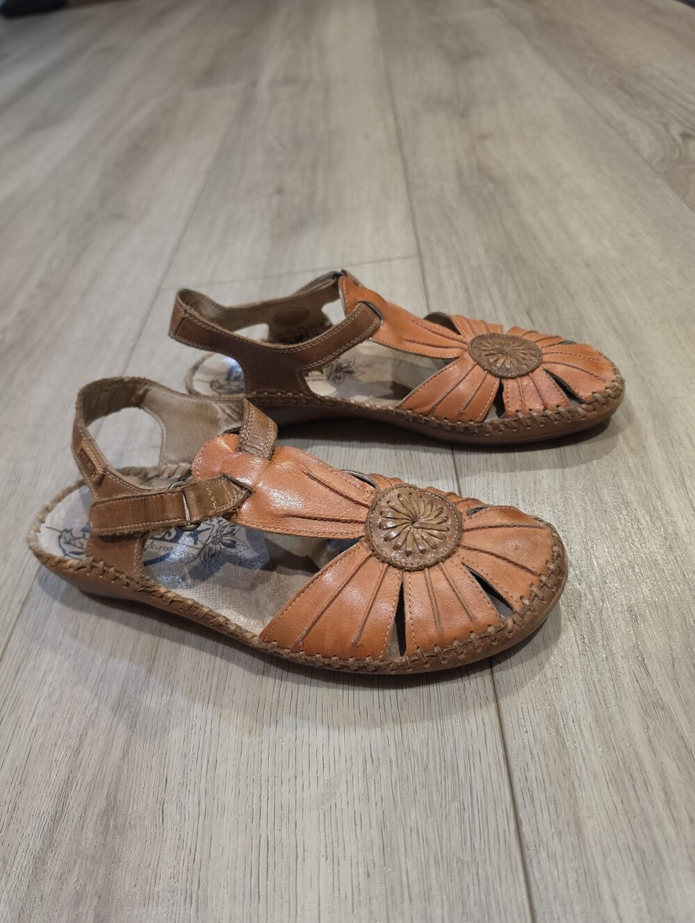 Pikolinos Womens Leather T-Strap Sandals EU 39 Cognac Brown Floral Boho